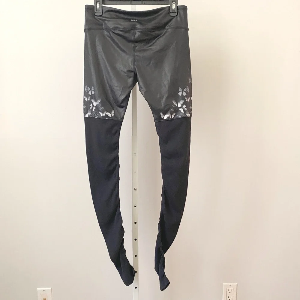 Alo Yoga sz L Black Butterfly Goddess Leggings Ribbed Mixed Media‎ Activewear